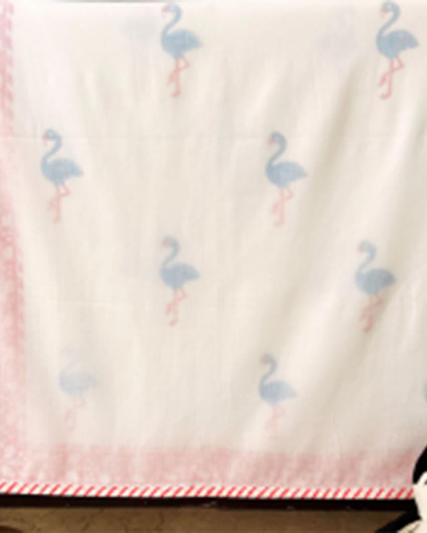 Lightweight Natural Muslin Flamingo Printed Handblock 3-Layer Dohar Kids Blanket | 40 x 60 inches