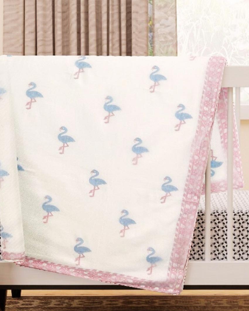 Lightweight Natural Muslin Flamingo Printed Handblock 3-Layer Dohar Kids Blanket | 40 x 60 inches