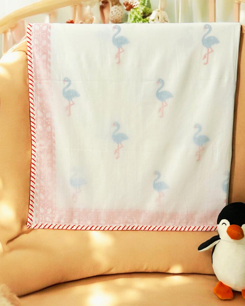 Lightweight Natural Muslin Flamingo Printed Handblock 3-Layer Dohar Kids Blanket | 40 x 60 inches