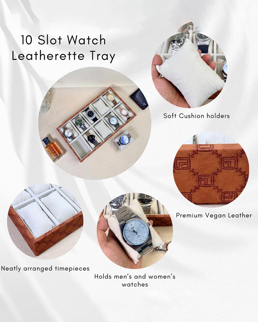 Vegan Leather Tan 10 Slot Watch Display Tray | 14 x 8 x 3 inches