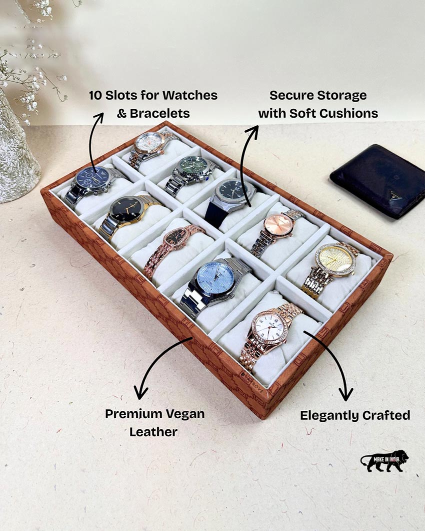 Vegan Leather Tan 10 Slot Watch Display Tray | 14 x 8 x 3 inches