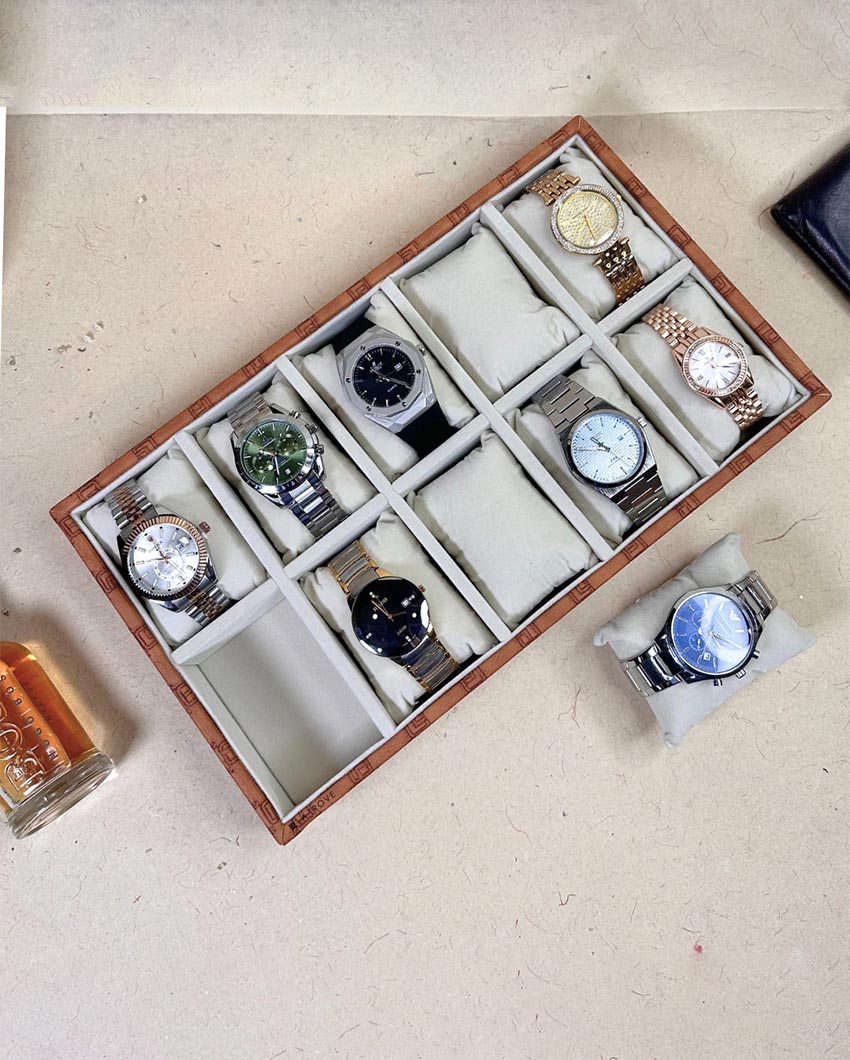 Vegan Leather Tan 10 Slot Watch Display Tray | 14 x 8 x 3 inches