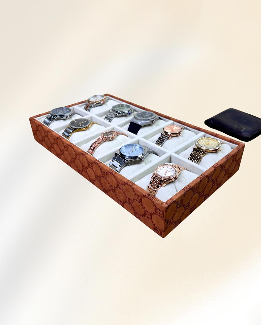 Vegan Leather Tan 10 Slot Watch Display Tray | 14 x 8 x 3 inches