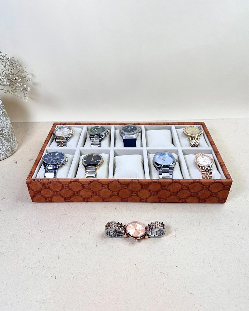 Vegan Leather Tan 10 Slot Watch Display Tray | 14 x 8 x 3 inches