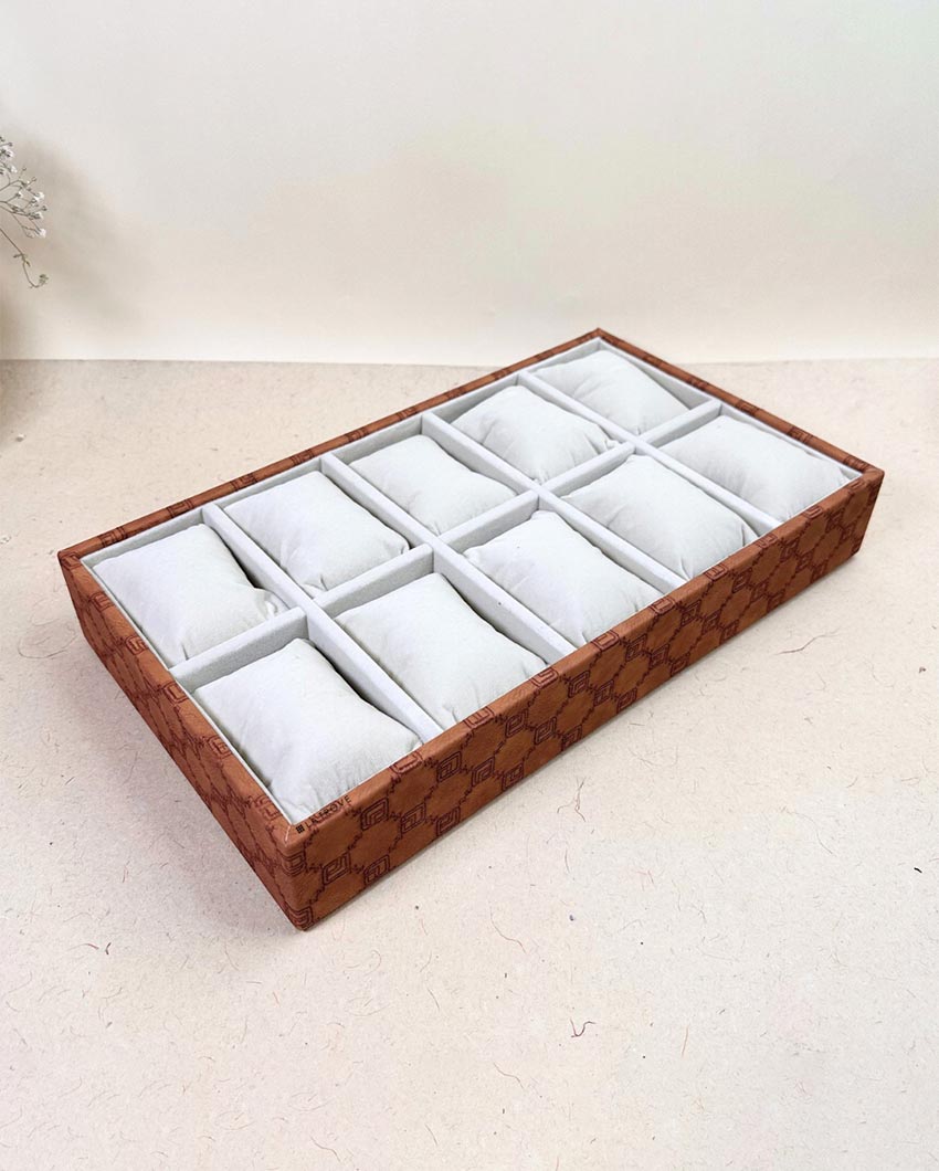 Vegan Leather Tan 10 Slot Watch Display Tray | 14 x 8 x 3 inches