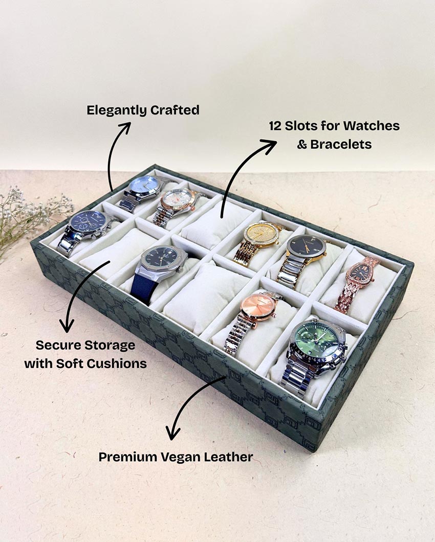 Vegan Olive Green Leather 12 Slot Watch Display Tray | 14 x 8 x 3 inches