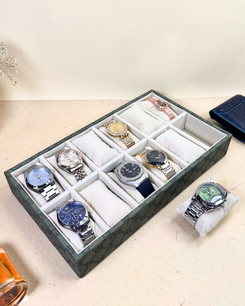 Vegan Olive Green Leather 12 Slot Watch Display Tray | 14 x 8 x 3 inches