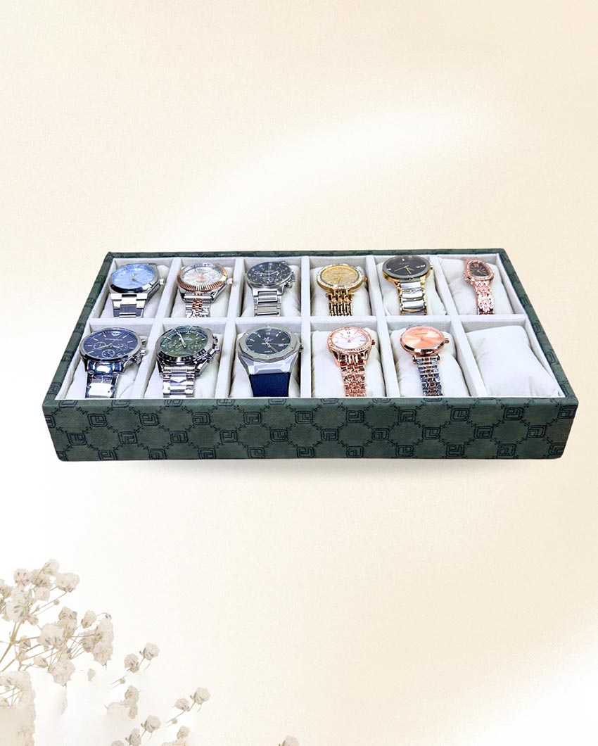 Vegan Olive Green Leather 12 Slot Watch Display Tray | 14 x 8 x 3 inches