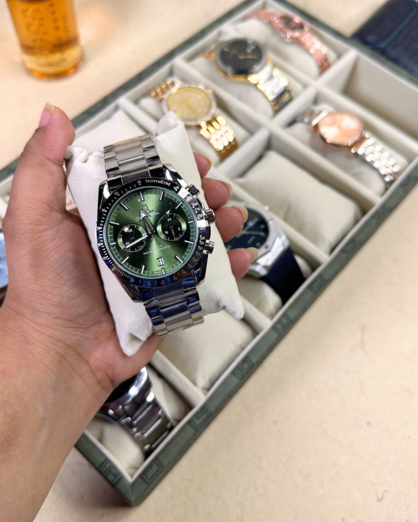 Vegan Olive Green Leather 12 Slot Watch Display Tray | 14 x 8 x 3 inches