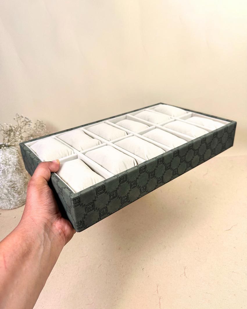 Vegan Olive Green Leather 12 Slot Watch Display Tray | 14 x 8 x 3 inches