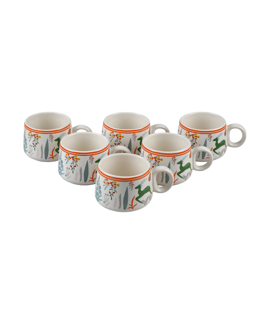 Everyday White Printed Ceramic Cups | Set of 6 | 100ml