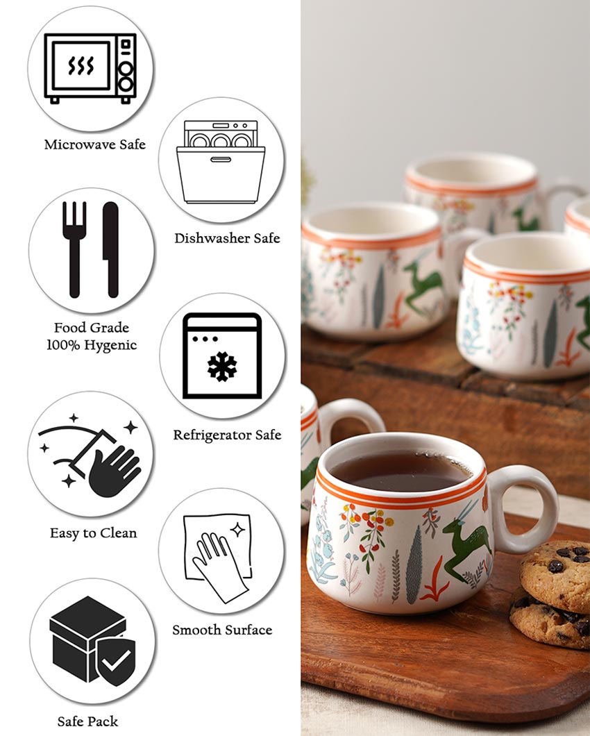 Everyday White Printed Ceramic Cups | Set of 6 | 100ml