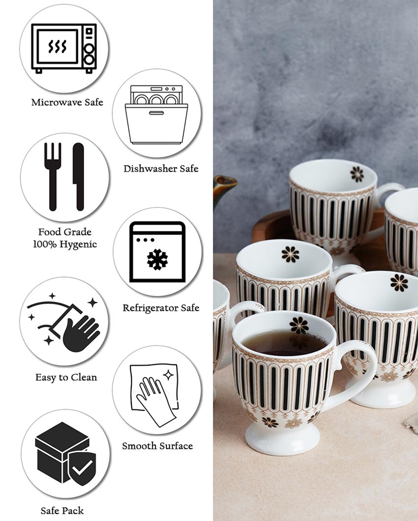 Charming Ceramic White Floral Designed Mugs | Set of 6 | 180ml
