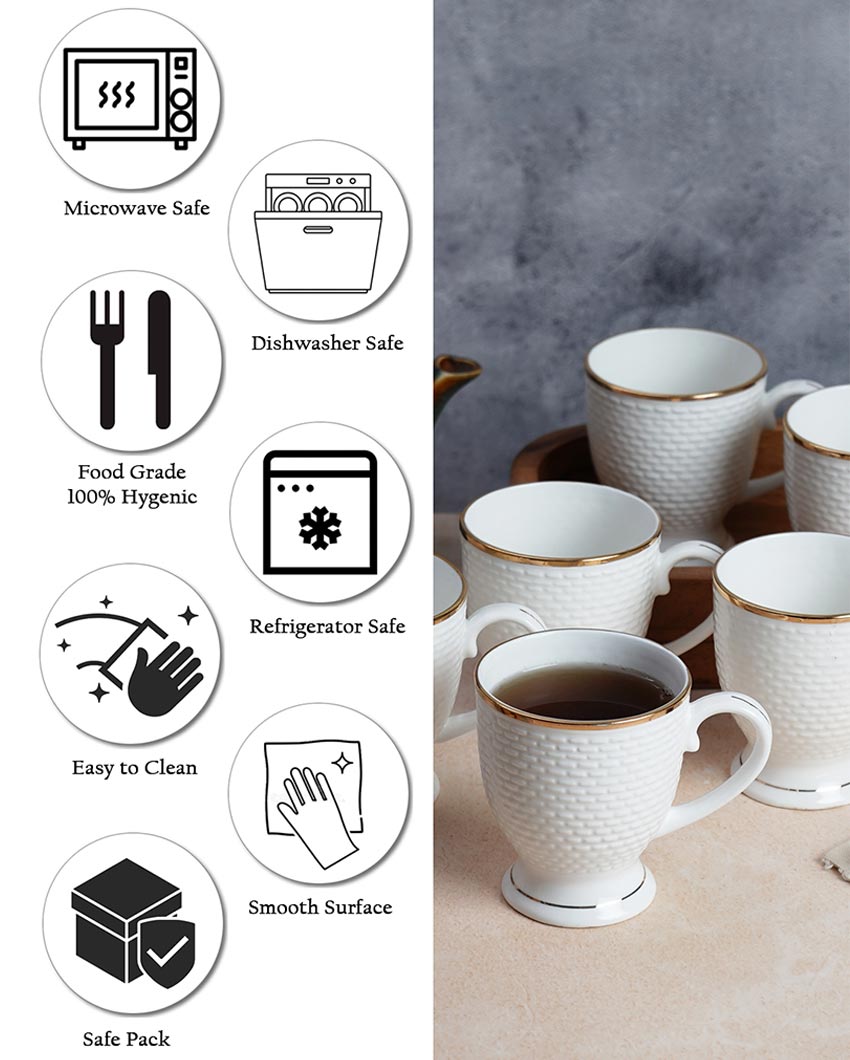 Ornate Golden Line Embossed Ceramic Mugs | Set of 6 | 180ml