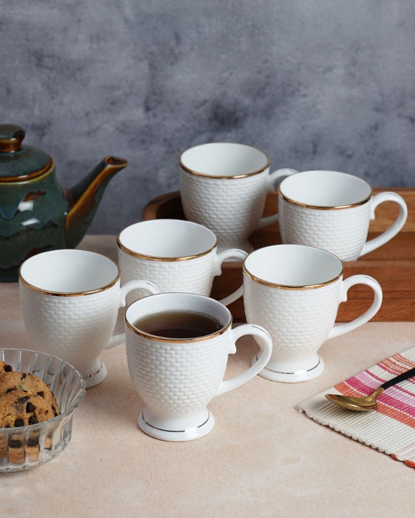 Ornate Golden Line Embossed Ceramic Mugs | Set of 6 | 180ml