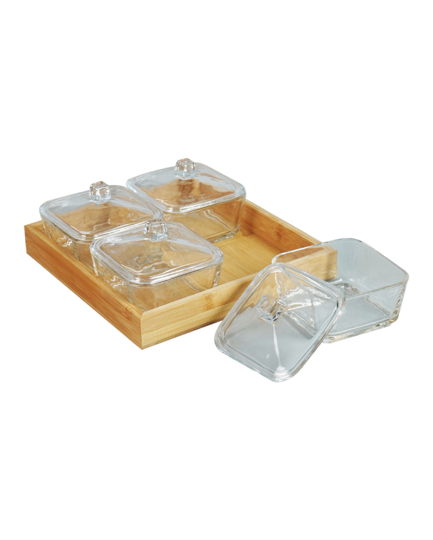 Elegant Glass Dry Fruit Serving Bowls With Wooden Tray | Pack of 5