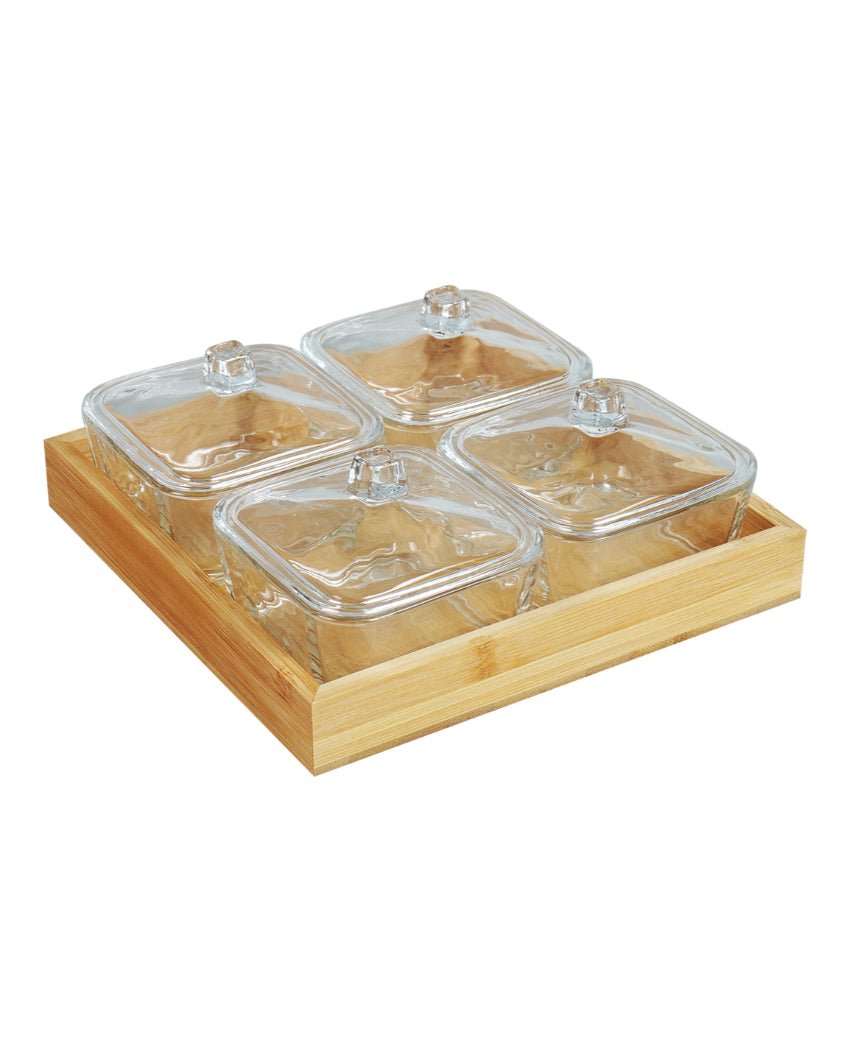 Elegant Glass Dry Fruit Serving Bowls With Wooden Tray | Pack of 5