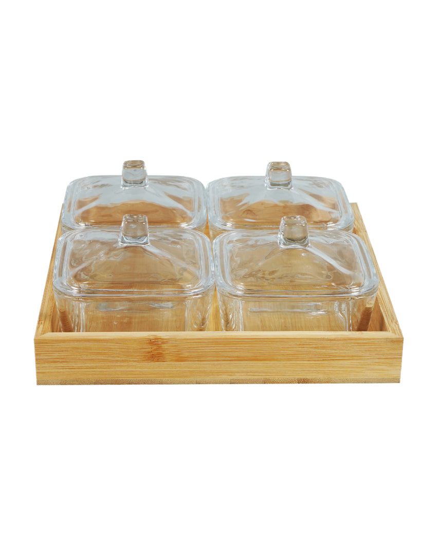Elegant Glass Dry Fruit Serving Bowls With Wooden Tray | Pack of 5