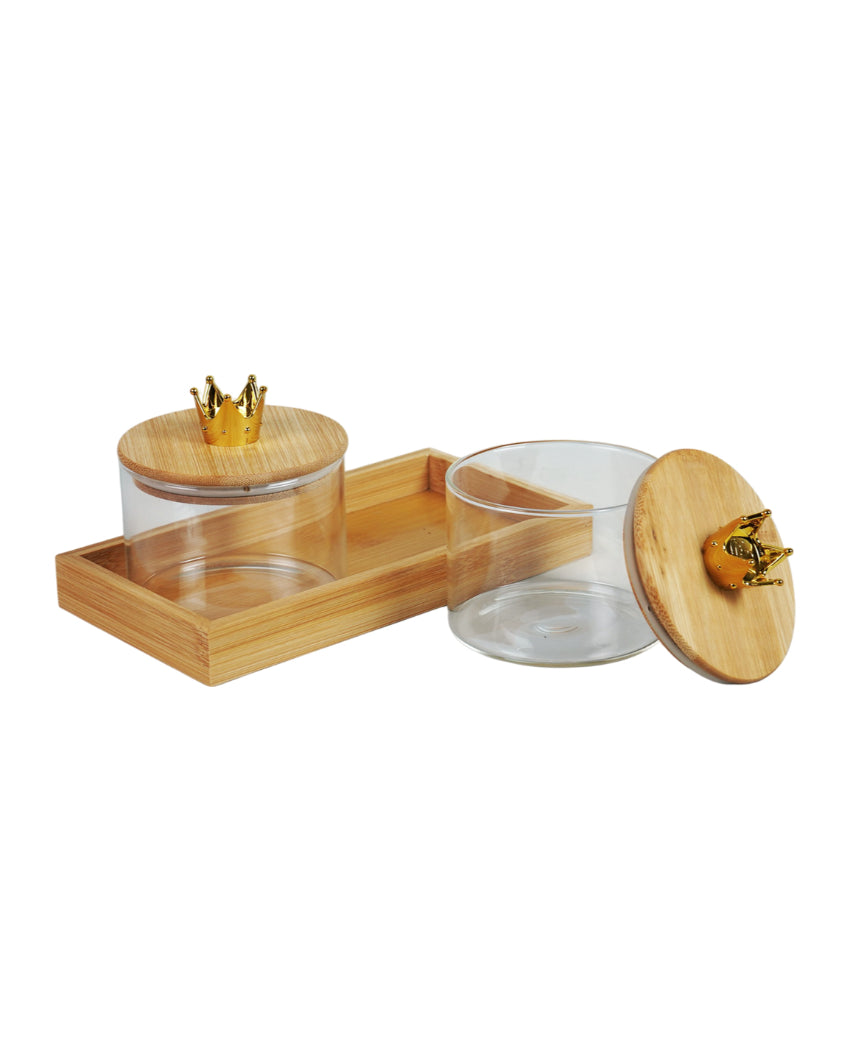 Compact Glass Dry Fruit Serving Bowls With Wooden Tray | Pack of 3