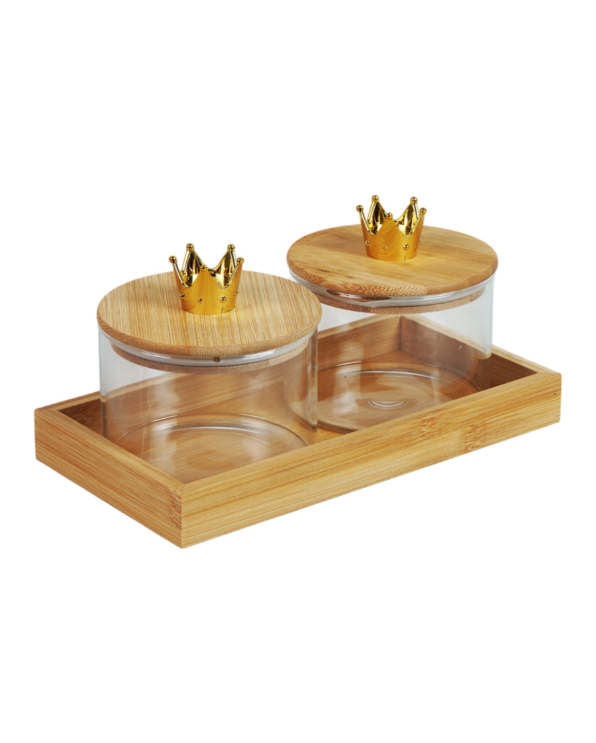 Compact Glass Dry Fruit Serving Bowls With Wooden Tray | Pack of 3