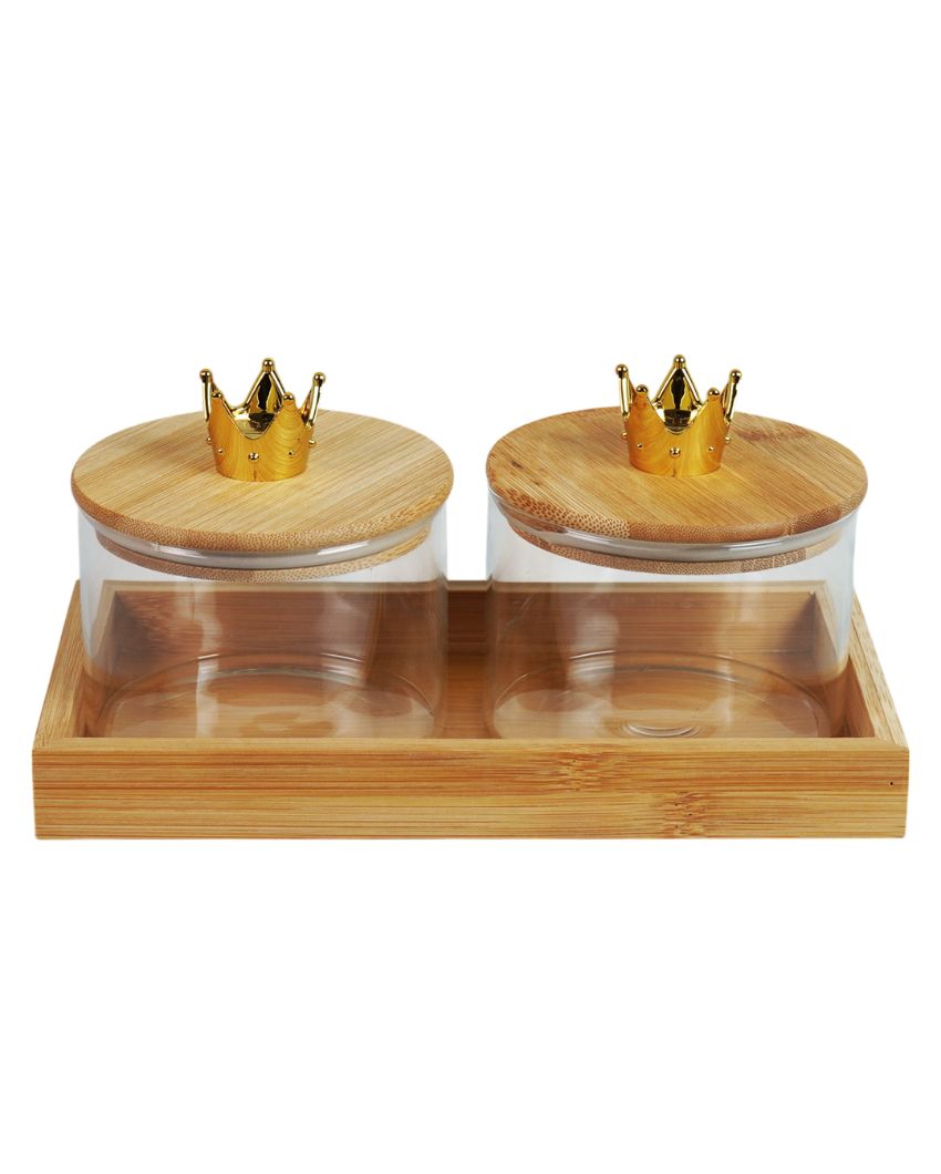 Compact Glass Dry Fruit Serving Bowls With Wooden Tray | Pack of 3