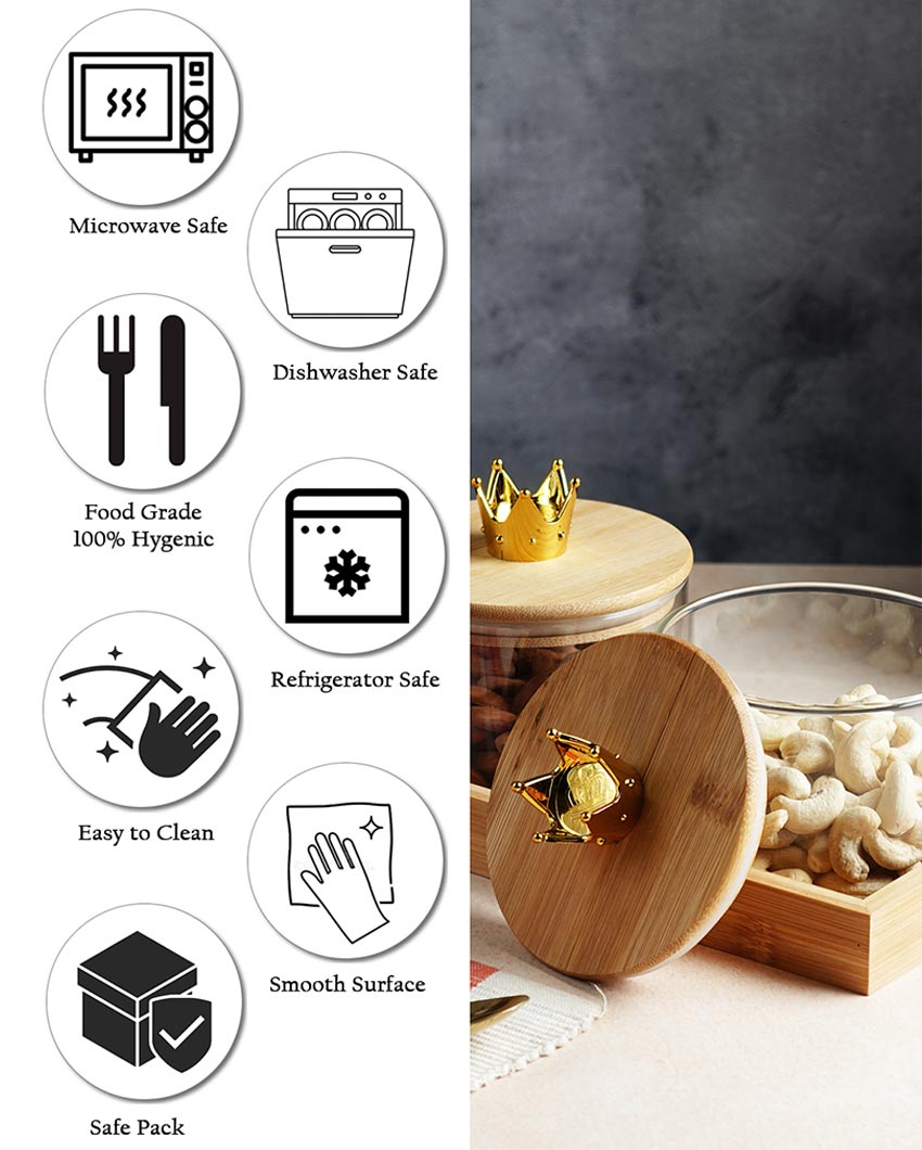 Compact Glass Dry Fruit Serving Bowls With Wooden Tray | Pack of 3