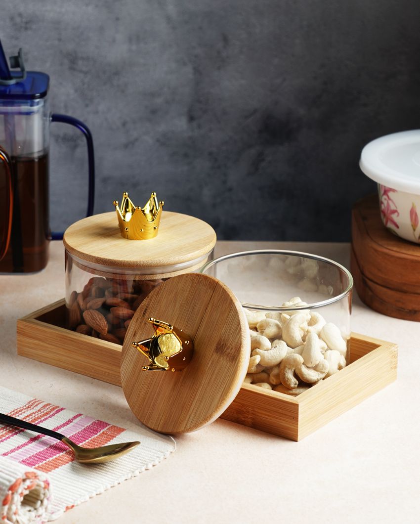 Compact Glass Dry Fruit Serving Bowls With Wooden Tray | Pack of 3