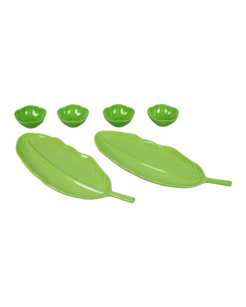 Stylish Ceramic Leaf Platter With Dip Bowls | Pack of 6