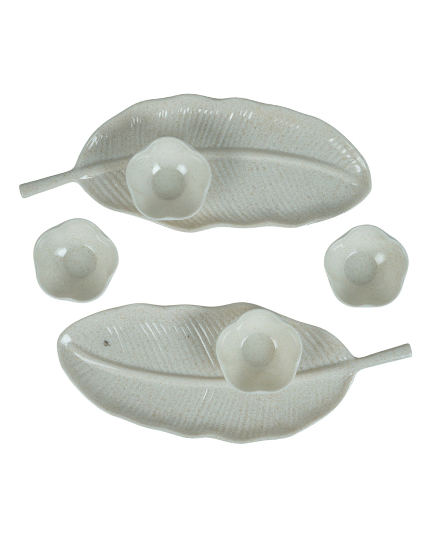 Stylish Ceramic Leaf Platter With Dip Bowls | Pack of 6