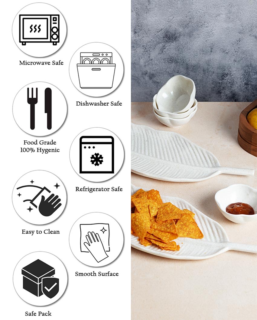 Stylish Ceramic Leaf Platter With Dip Bowls | Pack of 6
