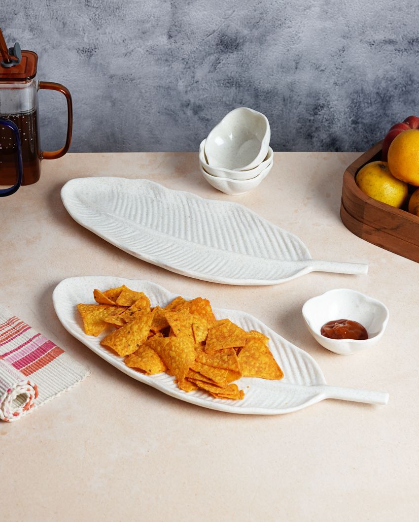 Stylish Ceramic Leaf Platter With Dip Bowls | Pack of 6