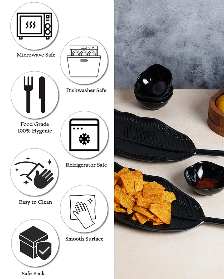 Stylish Ceramic Leaf Platter With Dip Bowls | Pack of 6