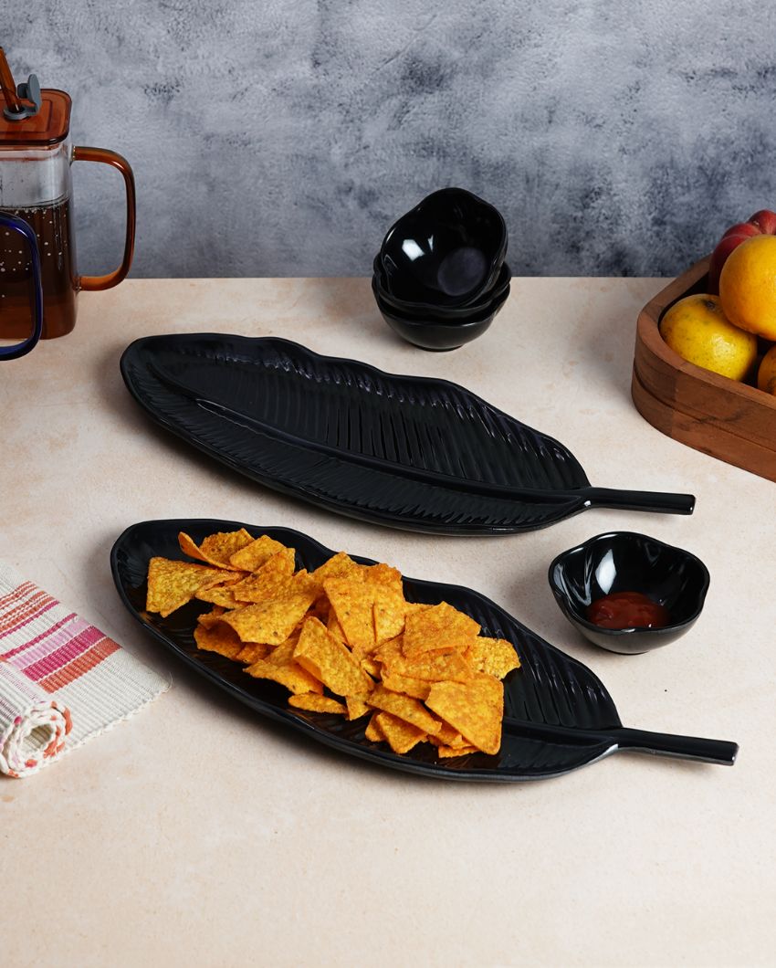 Stylish Ceramic Leaf Platter With Dip Bowls | Pack of 6