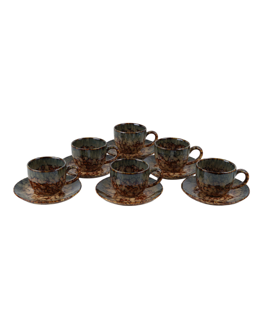 Durable Ceramic Brown Textured Mug And Saucer Set | Set of 6