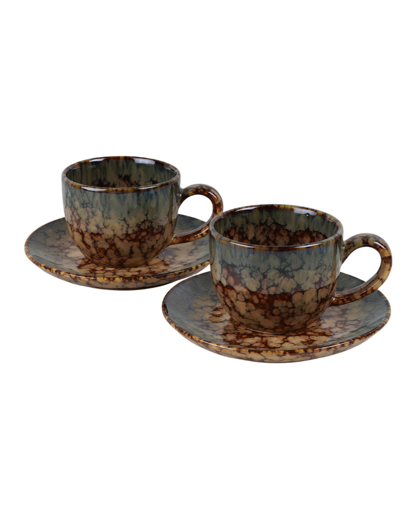 Durable Ceramic Brown Textured Mug And Saucer Set | Set of 6