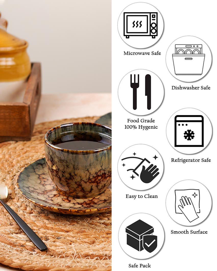 Durable Ceramic Brown Textured Mug And Saucer Set | Set of 6