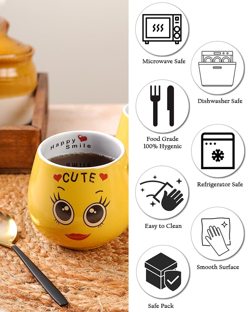 Cheerful Ceramic Yellow Smiley Face Mugs | Set of 2 | 300ml
