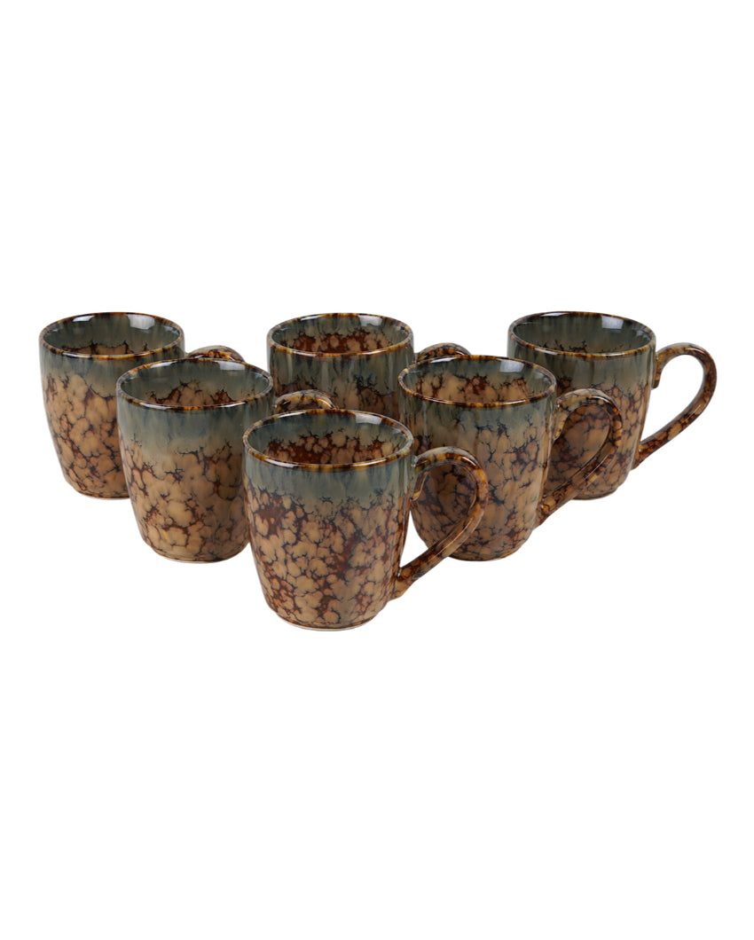 Sturdy Ceramic Brown Textured Glossy Mugs | Set of 6 | 300ml