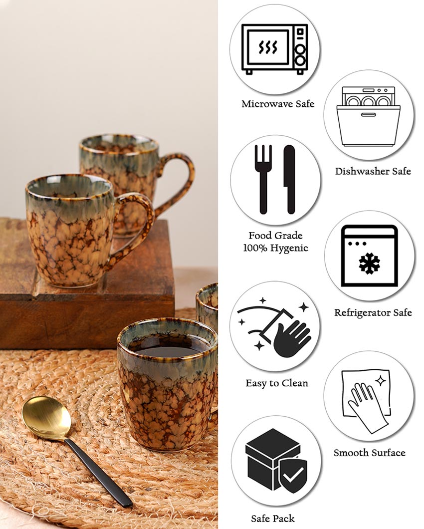 Sturdy Ceramic Brown Textured Glossy Mugs | Set of 6 | 300ml