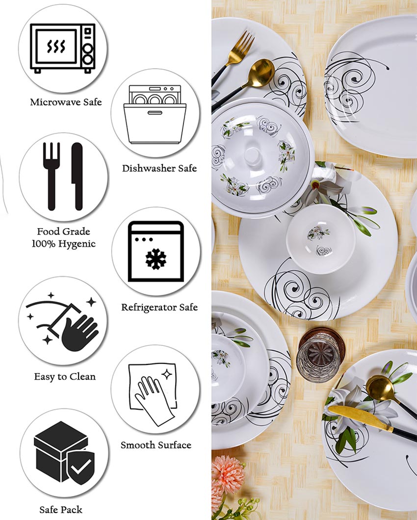 Beautiful Melamine White Green Floral Dinnerware | Pack of 34