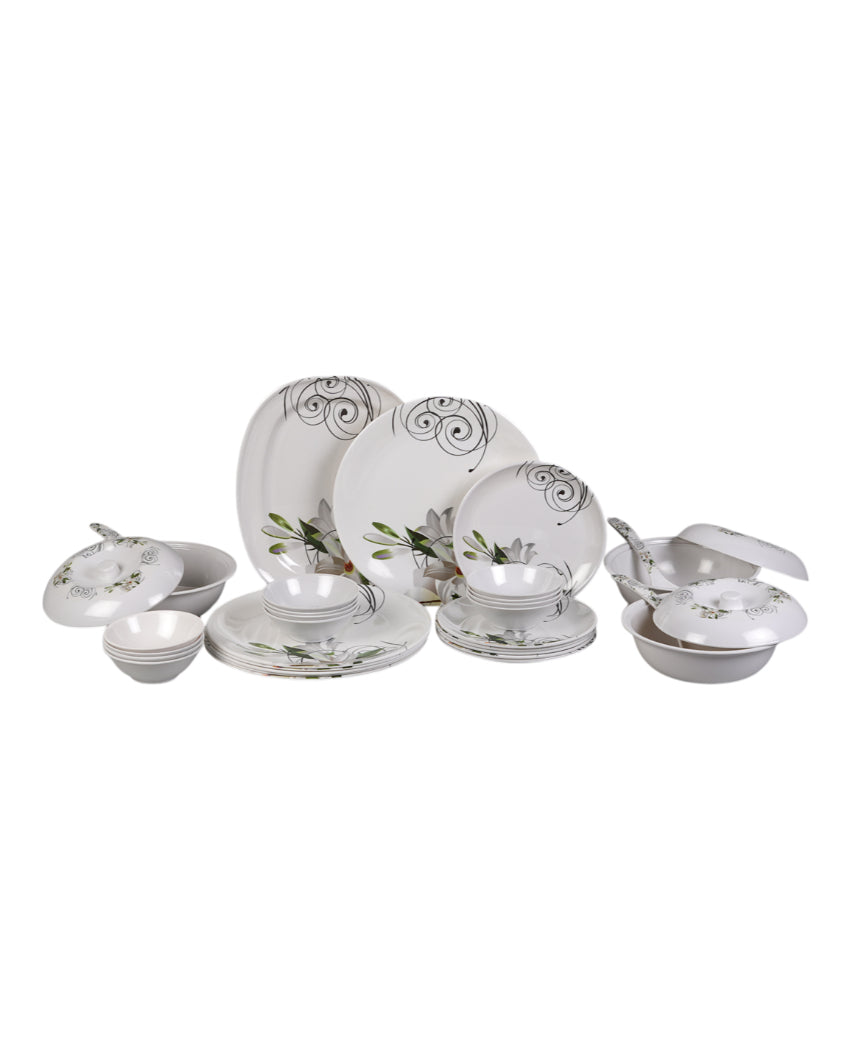 Beautiful Melamine White Green Floral Dinnerware | Pack of 34