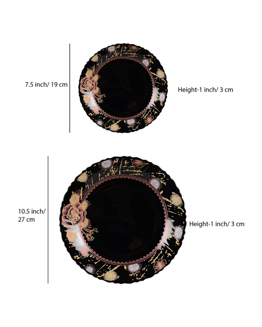 Modern Opalware Black Glossy Floral Print Dinner Set | Pack of 33