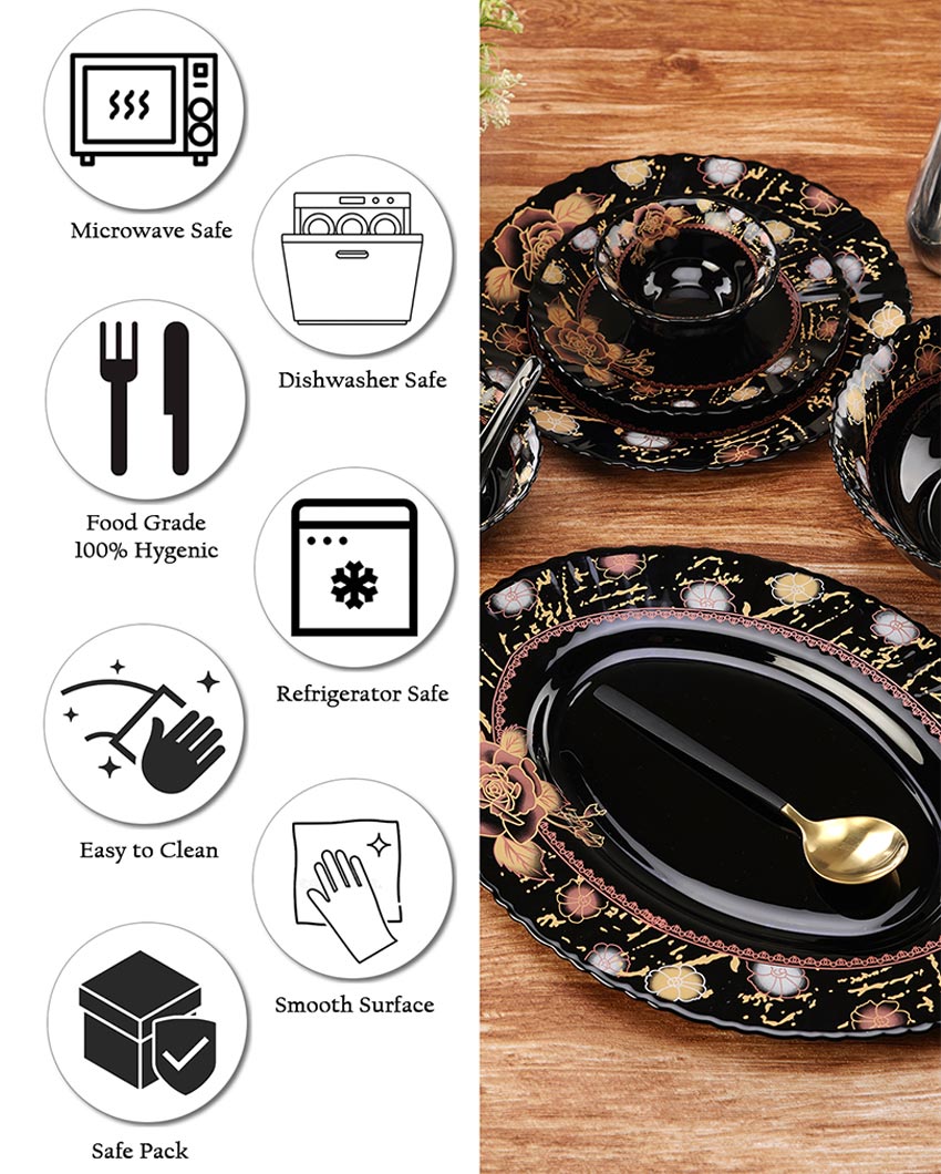 Modern Opalware Black Glossy Floral Print Dinner Set | Pack of 33
