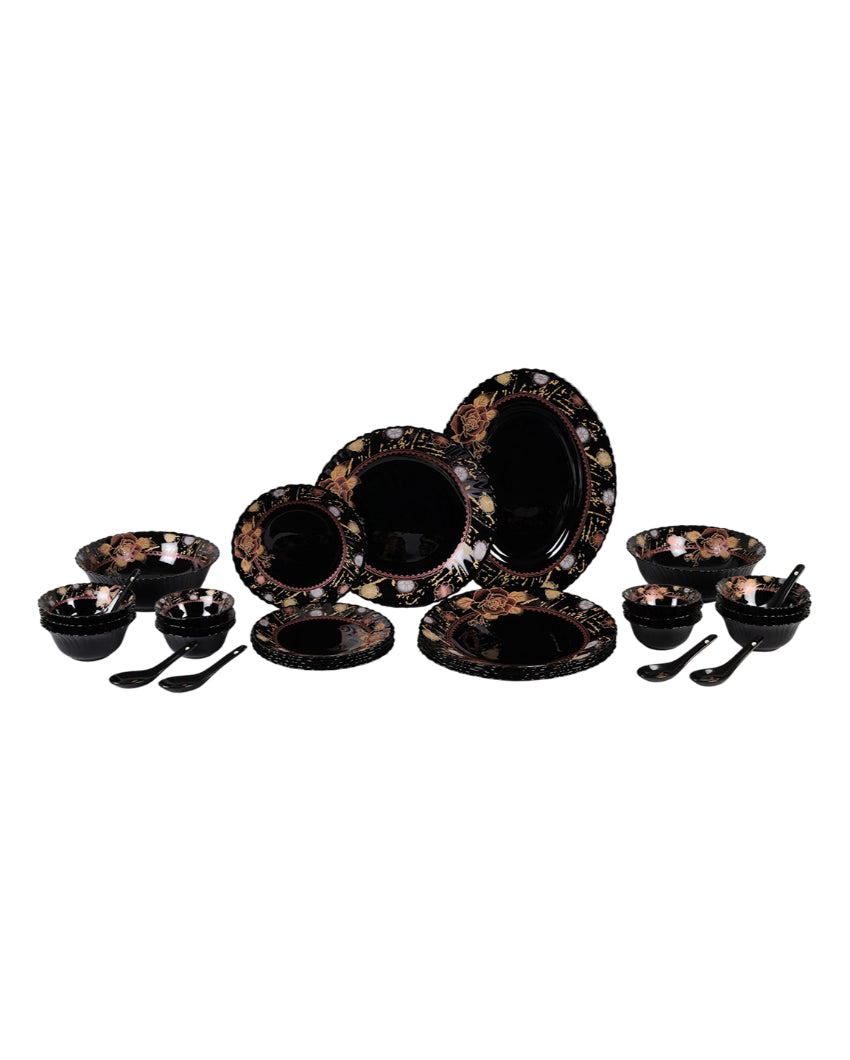 Modern Opalware Black Glossy Floral Print Dinner Set | Pack of 33