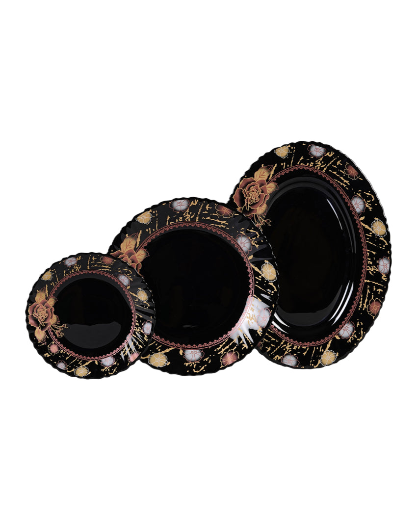 Modern Opalware Black Glossy Floral Print Dinner Set | Pack of 33