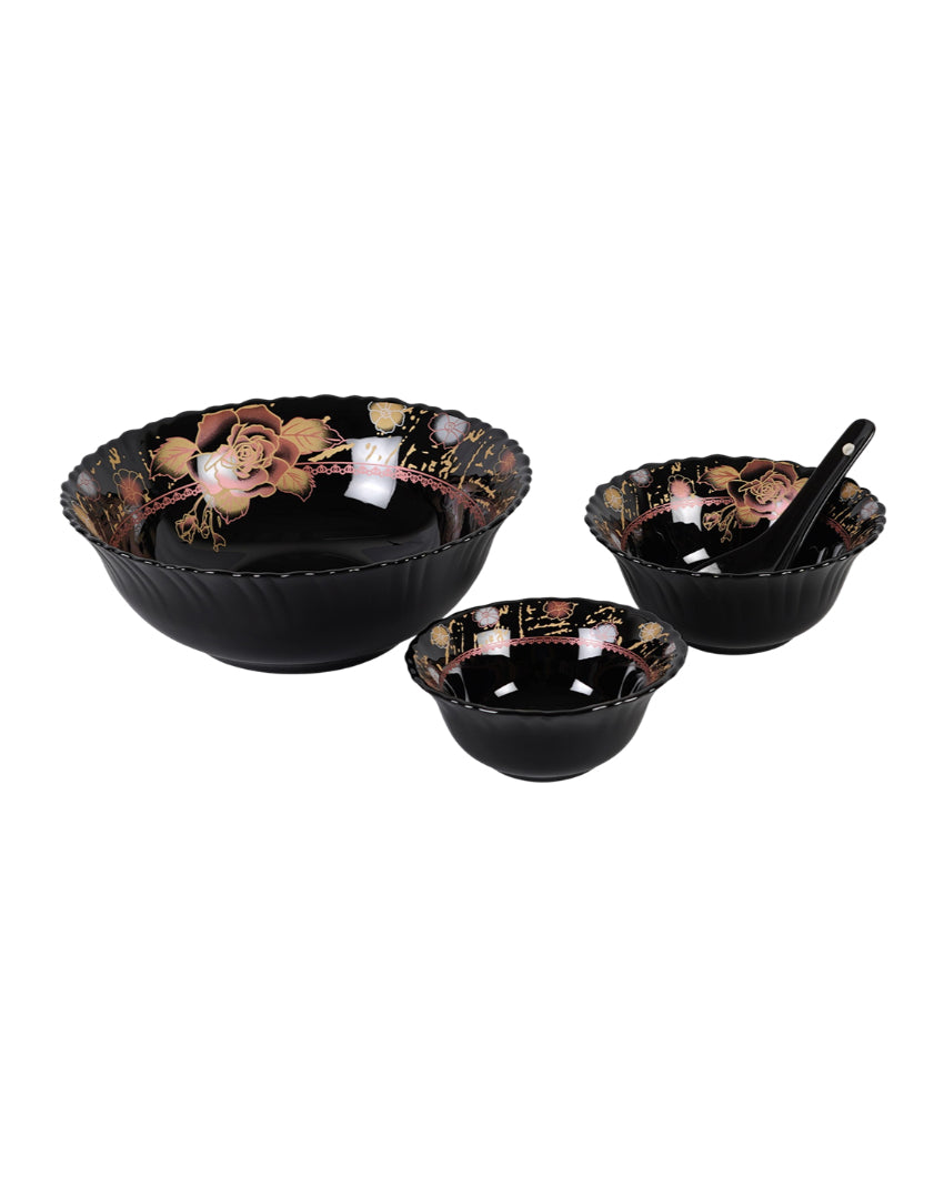 Modern Opalware Black Glossy Floral Print Dinner Set | Pack of 33