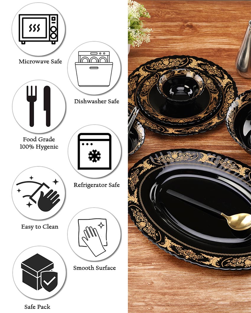 Elegant Opalware Black Glossy Printed Dinner Set