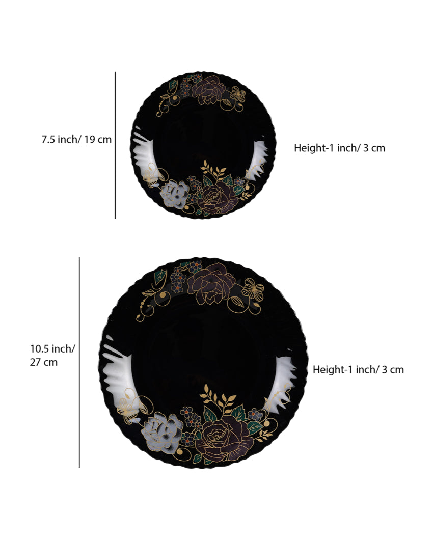 Complete Opalware Black Glossy Printed Dinner Set | Pack of 33