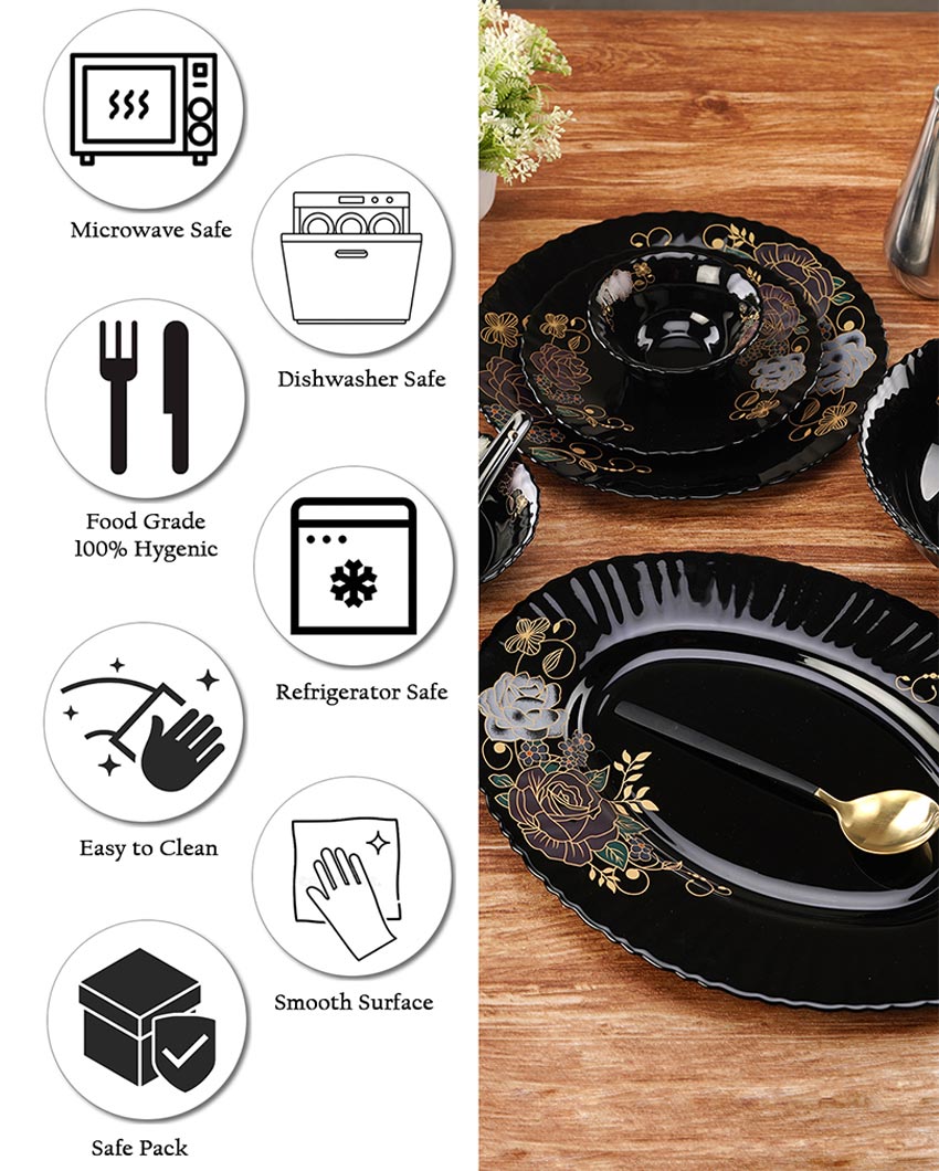 Complete Opalware Black Glossy Printed Dinner Set | Pack of 33