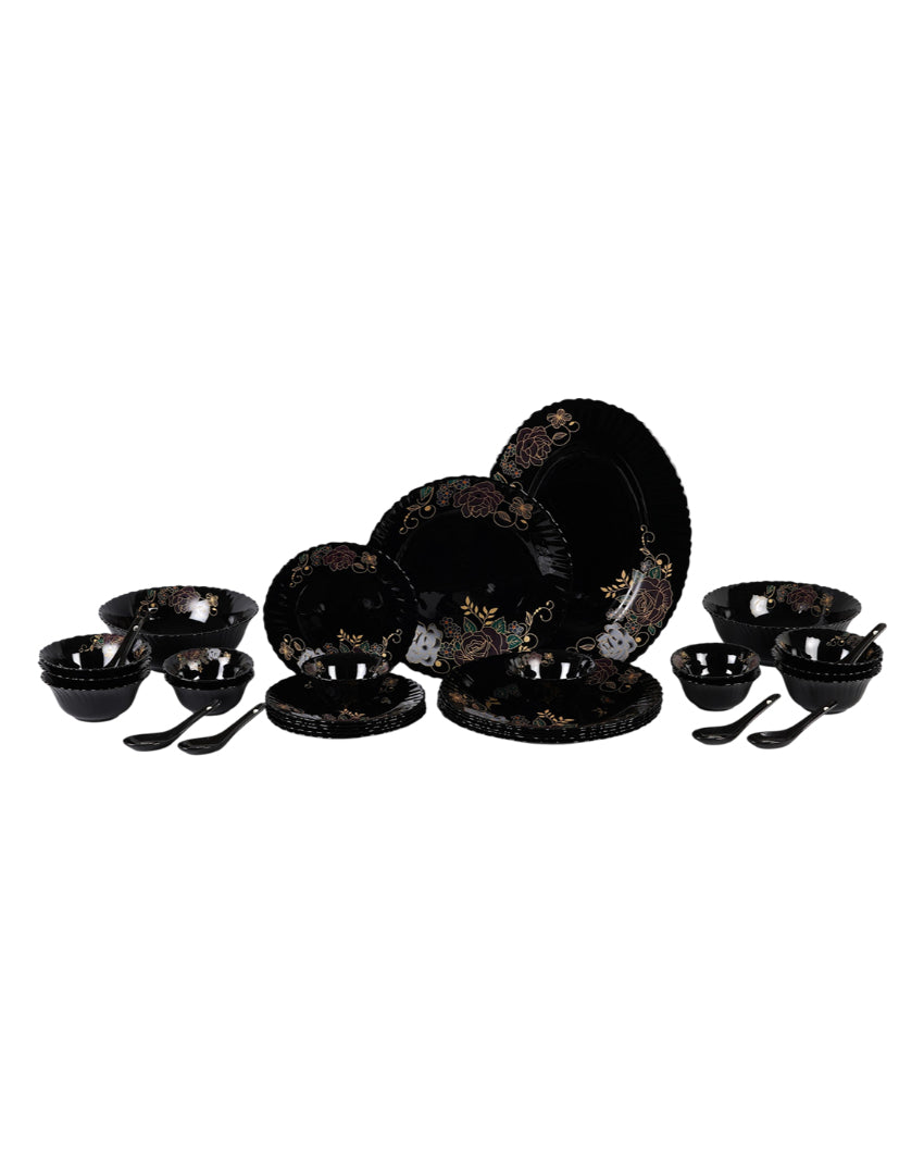 Complete Opalware Black Glossy Printed Dinner Set | Pack of 33